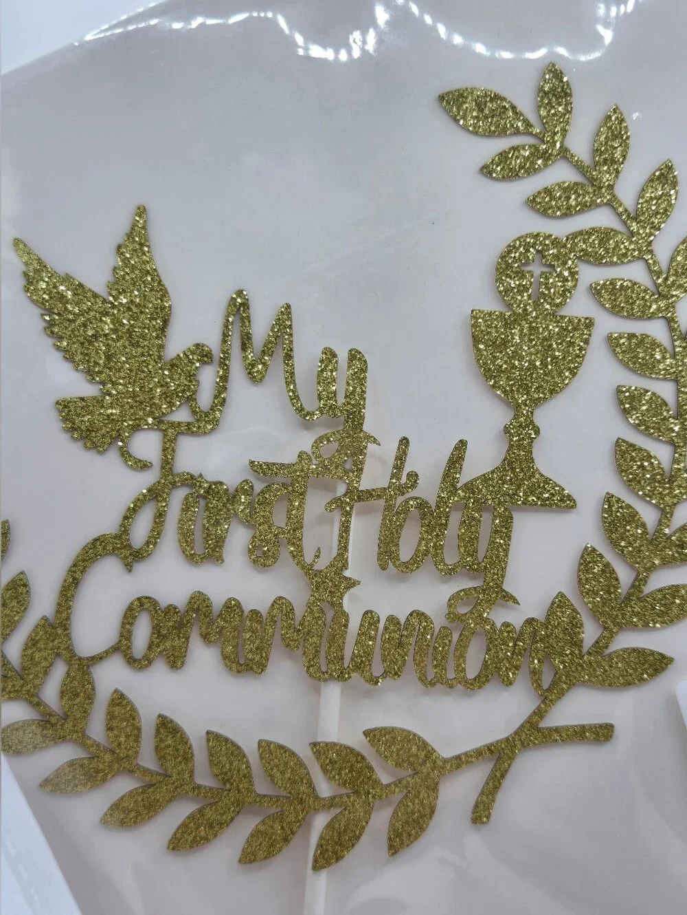 My First Holy Communion Cake Topper Gold Glitter Dove Chalice Religious Party